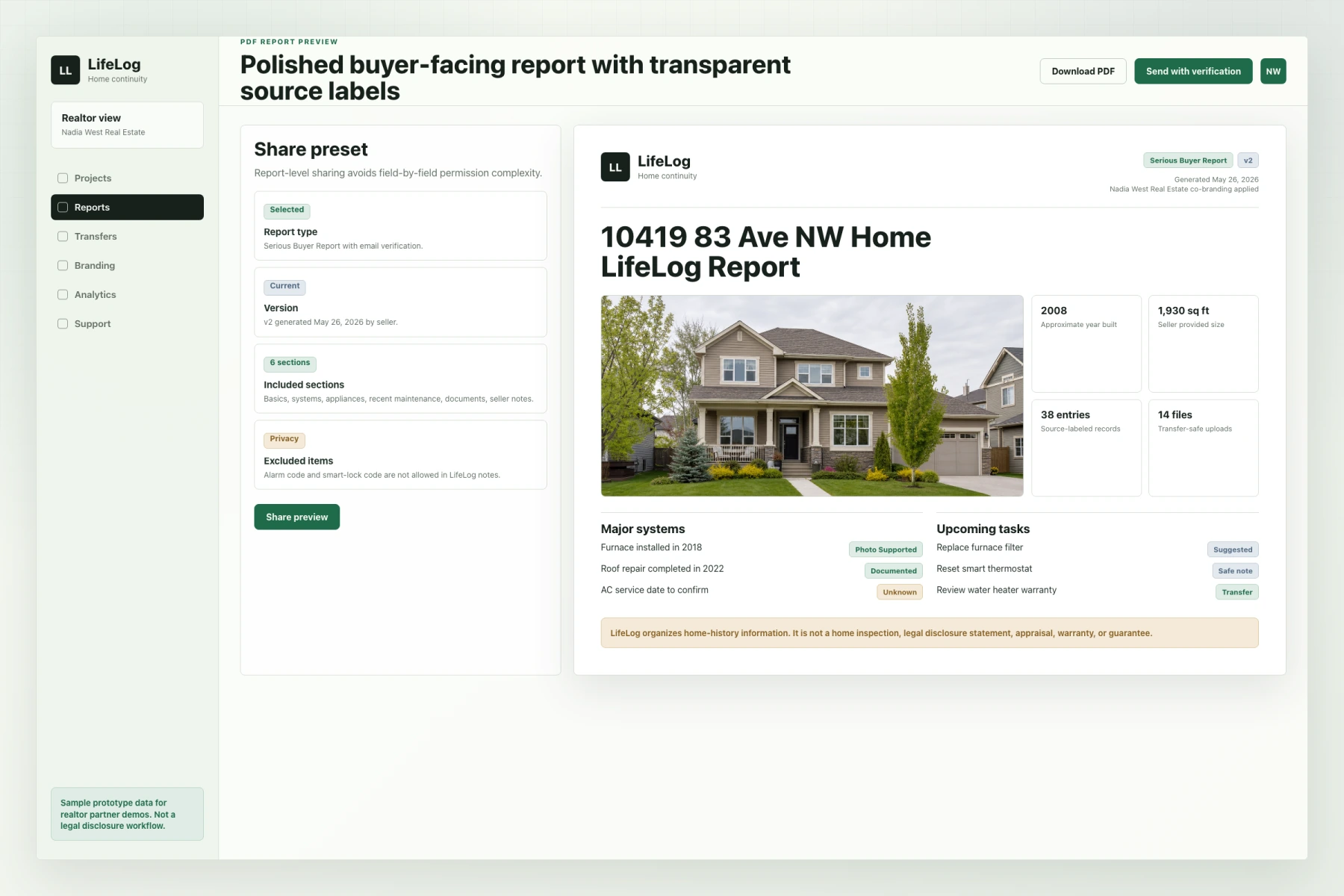 Preview of a LifeLog home report with property details and source labels.